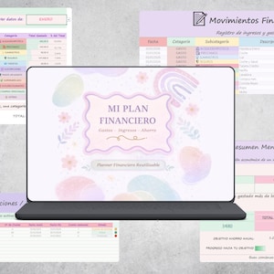 Puede incluir: Un planificador digital en una tableta con gráficos y tablas financieras en colores pastel. La tableta muestra el texto "MI PLAN FINANCIERO" en un marco decorativo. Otros gráficos muestran análisis financieros y resúmenes mensuales.
