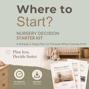 Op de afbeelding: Een digitale starterskit voor de inrichting van de babykamer met de tekst Where to Start? Nursery Decision Starter Kit, A Simple 4-Step Plan to Choose What Comes First, Plan less. Decide faster. Bevat iconen voor een 10-minuten systeem en download.