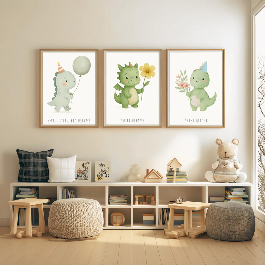 Dino Dreams Dinosaur Nursery Wall Art Set – Neutral Baby Room Decor ...