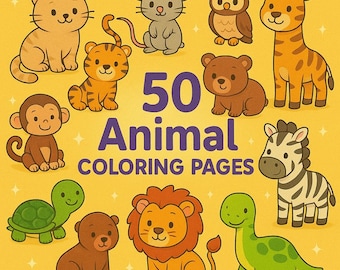 50 Animal Coloring Pages, Baby Animals + Kawaii Animals, Cute Kids Coloring Book, Toddler Coloring Pages, Printable Coloring Sheets