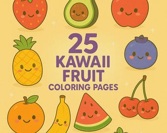 25 kawaii fruit kleurplaten, schattig fruit kleurboek voor kinderen, kleurplaten peuter, afdrukbare kleurplaten, pdf met 25 pagina's