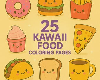 25 Kawaii Food Coloring Pages, Kids Activity (Printable PDF)