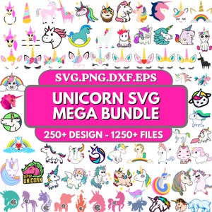 Puede incluir: Una colección digital de gráficos de unicornios con más de 250 diseños y 1250 archivos en formatos SVG, PNG, DXF y EPS. La pancarta rosa central muestra el texto SVG.PNG.DXF.EPS, UNICORN SVG MEGA BUNDLE y 250+ DESIGN - 1250+ FILES.