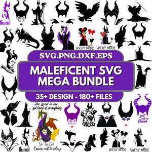 May include: A digital design collection featuring numerous black and purple silhouettes of a horned character, dragons, and text elements. The central purple banner displays the text SVG.PNG.DXF.EPS MALEFICENT SVG MEGA BUNDLE 35+ DESIGN - 180+ FILES.
