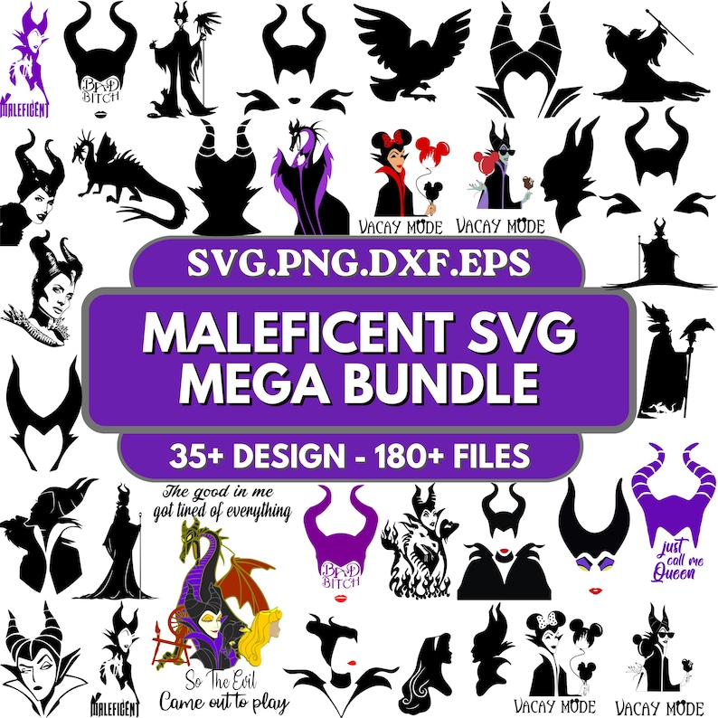 May include: A digital design collection featuring numerous black and purple silhouettes of a horned character, dragons, and text elements. The central purple banner displays the text SVG.PNG.DXF.EPS MALEFICENT SVG MEGA BUNDLE 35+ DESIGN - 180+ FILES.