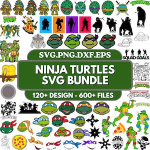 May include: A digital collection of Teenage Mutant Ninja Turtles graphics including character illustrations, silhouettes, logos, and pizza icons. The bundle features over 120 designs in SVG, PNG, DXF, and EPS formats, showcasing various turtle poses.