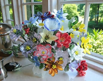 Birth Month Glass Flowers, Fused Glass Flower, Stained Glass Flower Bouquet with Vase, Gift for Her, Carnation, Iris, Daisy, Lily, Rose
