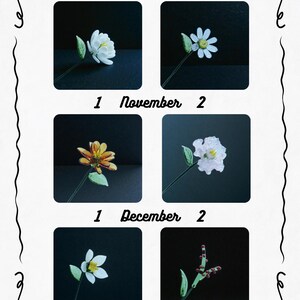 May include: A decorative calendar featuring six floral arrangements, each in a square frame against a dark background. The months of October, November, and December are displayed, with two flower variations per month. The text "1 October 2" is visible.