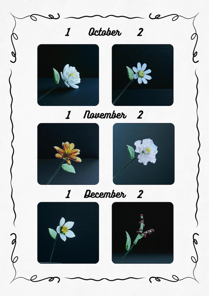 May include: A decorative calendar featuring six floral arrangements, each in a square frame against a dark background. The months of October, November, and December are displayed, with two flower variations per month. The text "1 October 2" is visible.