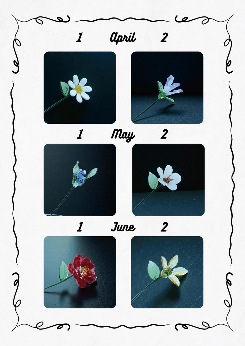 May include: A decorative image featuring six square photos of handcrafted flowers, each with a stem and leaves. The photos are arranged in two rows of three, with the months April, May, and June labeled above. The flowers are white, red, and yellow.