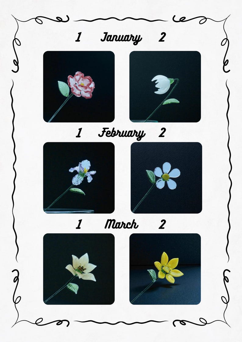 May include: A decorative calendar featuring six floral illustrations, each set against a black background. The months of January, February, and March are displayed, with two flower variations per month. The flowers are in shades of pink, white, and yellow.