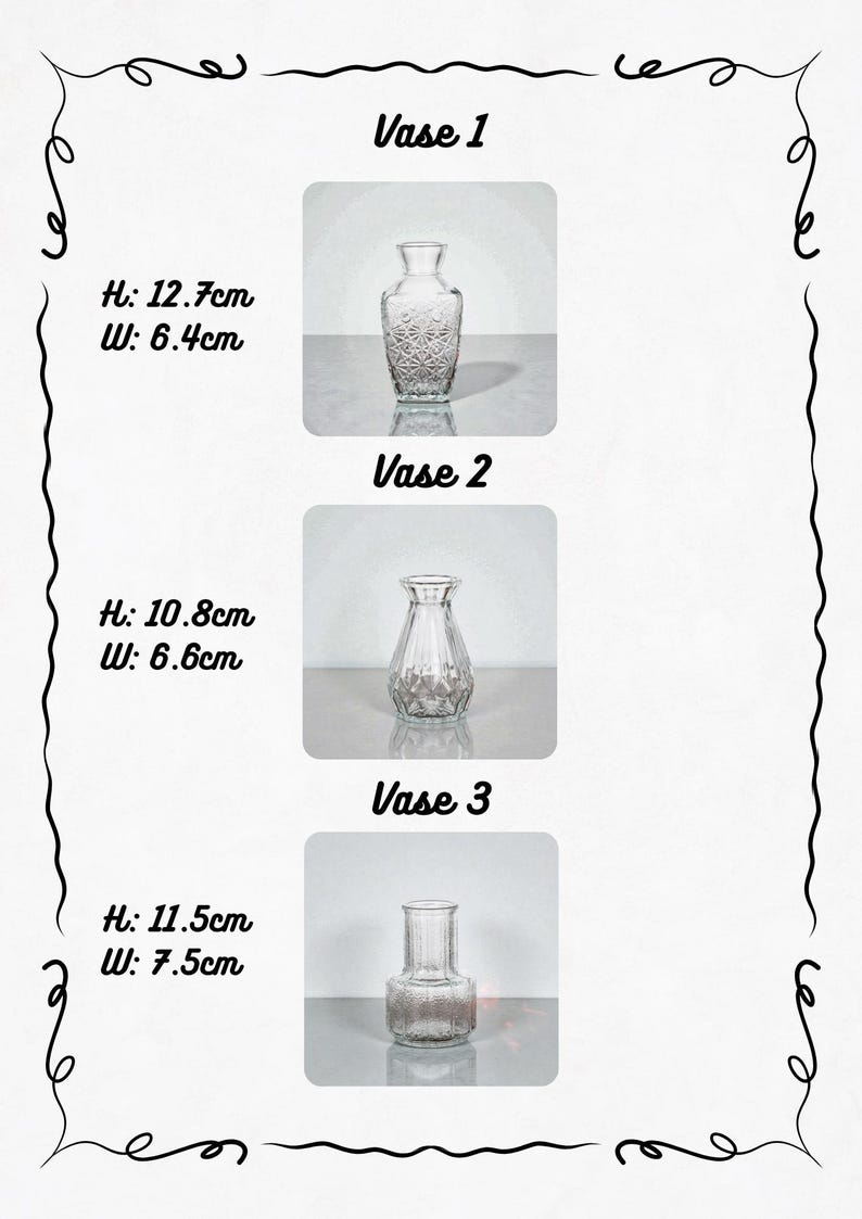 May include: Three clear glass vases with varying designs are displayed. Vase 1 is 12.7cm tall and 6.4cm wide, Vase 2 is 10.8cm tall and 6.6cm wide, and Vase 3 is 11.5cm tall and 7.5cm wide. Each vase has a unique shape and pattern.