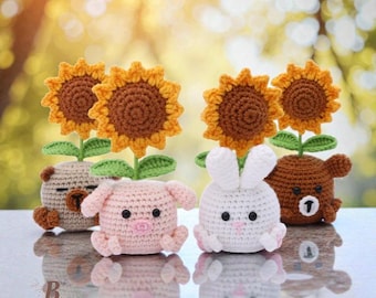 Crochet Sunflower in Animal Pot, Handmade Plush Decor,  Emotional Support Plant