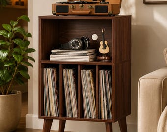 Walnut Record Player Stand with Vinyl Storage, Mid Century Turntable Cabinet Holds 160 Albums, Media Console for Living Room
