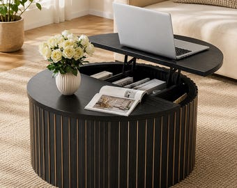 Fluted Lift Top Coffee Table with Hidden Storage, Round Farmhouse Wood Center Table, Modern Living Room Furniture, Black Finish