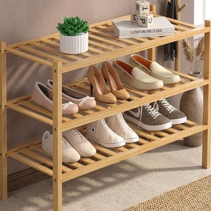 3 Tier Bamboo Shoe Rack, Freestanding Stackable Storage Shelf for Closet and Entryway