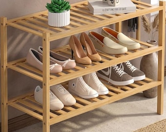 3 Tier Bamboo Shoe Rack, Freestanding Stackable Storage Shelf for Closet and Entryway