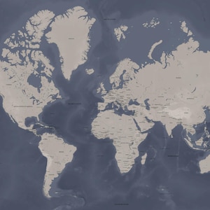 world map in blue-beige color, minimalist digital print