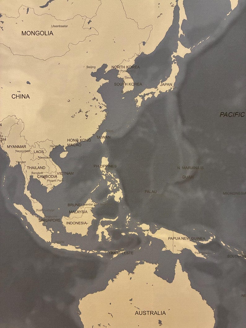 May include: A detailed map of East Asia and the Pacific Ocean, featuring countries like China, Japan, and Australia. The map is in shades of beige and gray, with country names and geographical features clearly labeled. The Pacific Ocean is labeled.
