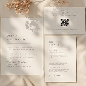 May include: A set of wedding invitations in a minimalist style. The cards are white with black text, featuring the names "Olivia and David", RSVP details, and event information. Dried flowers are in the background.