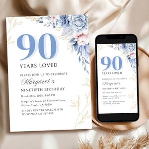 90th Birthday Invitation: Elegant Floral Ninetieth Celebration For Her (Canva Template), Dusty Blue, Elegant Floral 90 Years Loved Invite
