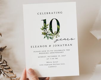 10th Anniversary Invitation, 10th Wedding Anniversary Invite, Minimalist, Greenery, Elegant, Floral, Canva Template, Digital download