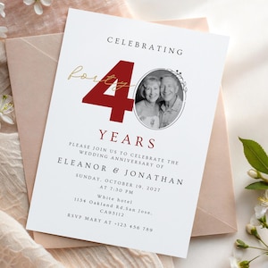May include: A white invitation card with the text "Celebrating 40 Years" in red and gold. It includes a black and white photo of a couple and details for a wedding anniversary celebration.