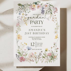 May include: A floral garden party invitation. The invitation text reads "Join us for a garden party in celebration of Amanda's 21st birthday." The design features a floral border with pastel flowers and the date, March 12th.