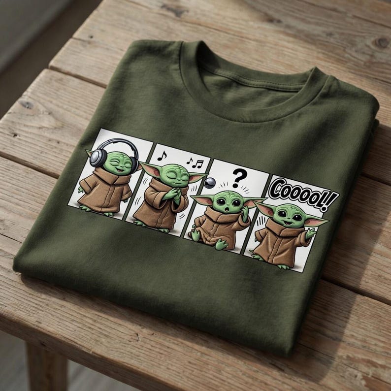 K&ouml;nnte beinhalten: Olivgr&uuml;nes T-Shirt mit einem Comic-Strip eines gr&uuml;nen Alien-Charakters in einem braunen Gewand. Der Charakter wird beim Musikh&ouml;ren, Singen und Reagieren mit einem Fragezeichen und dem Wort "Coooo!" gezeigt.