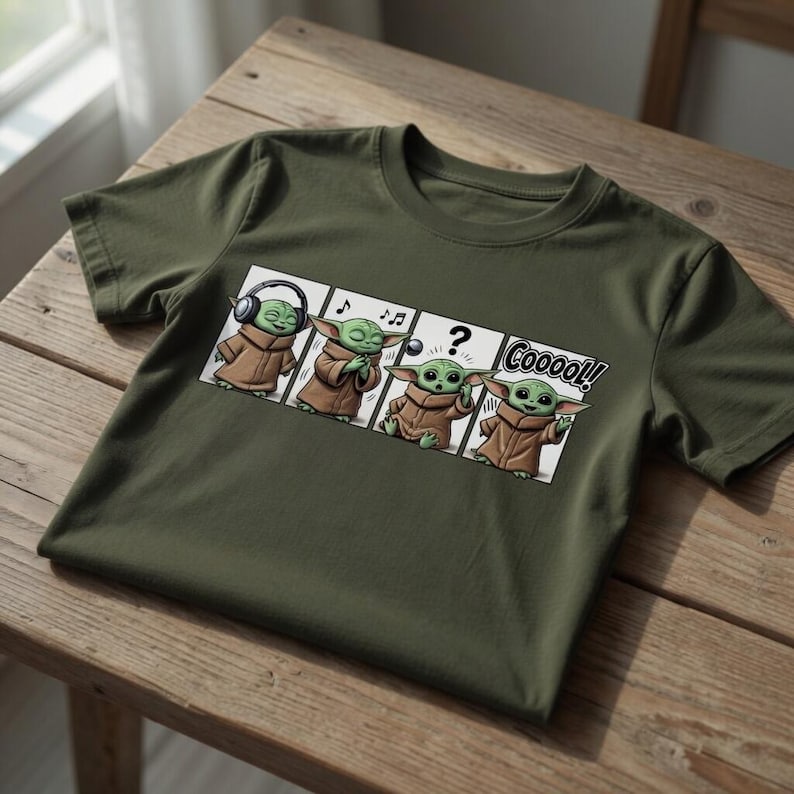 K&ouml;nnte beinhalten: Olivgr&uuml;nes T-Shirt mit einem Comic-Strip, der eine gr&uuml;ne Alien-Figur in einem braunen Gewand zeigt. Die Figur tr&auml;gt Kopfh&ouml;rer, Noten, ein Fragezeichen und das Wort "Cooooo!!".