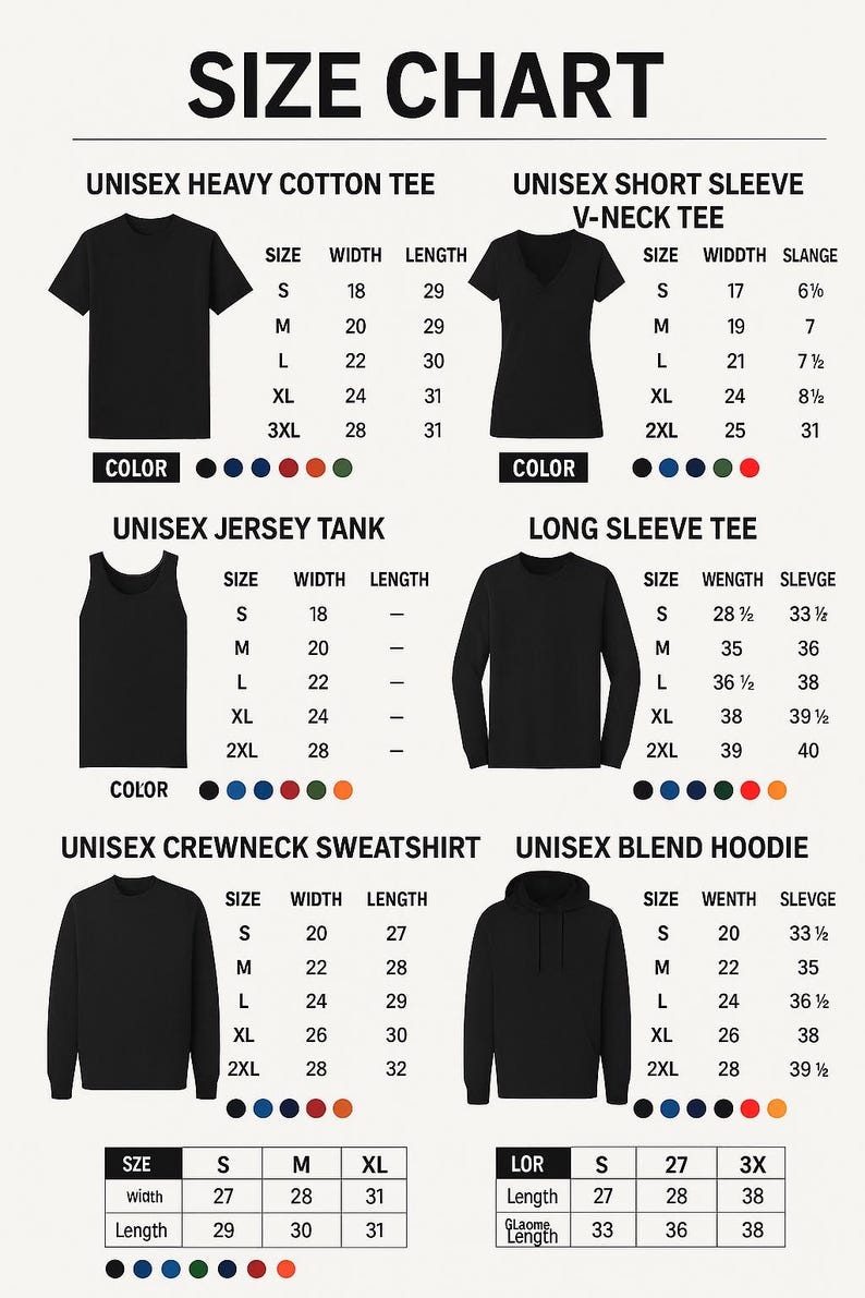 K&ouml;nnte beinhalten: Gr&ouml;&szlig;entabelle f&uuml;r Unisex-Kleidung: Heavy Cotton T-Shirts, V-Ausschnitt-T-Shirts, Tanktops, Langarm-T-Shirts, Crewneck-Sweatshirts und Kapuzenpullover. Ma&szlig;e in cm.