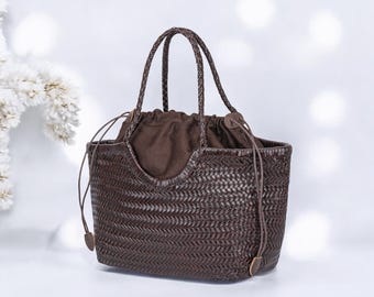 Handwoven Genuine Leather Hobo Bag, Braided Dark Brown Tote