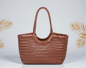 Handwoven Genuine Leather Hobo Bag, Braided Dark Brown Tote