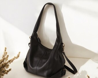 Black Commuter Tote Bag in Genuine Leather, Large Capacity Shoulder Armpit Bag