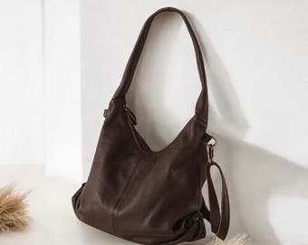 Brown Commuter Tote Bag in Genuine Leather, Large Capacity Shoulder Armpit Bag