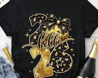 Hello 2026 PNG | Happy New Year 2026 Design | Black & Gold Leopard Number | Glitter New Year Sublimation PNG