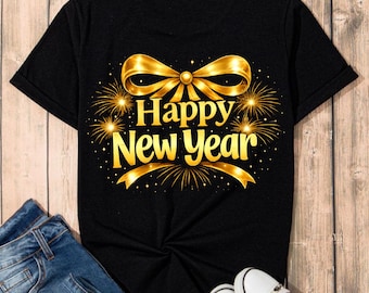 May include: Black t-shirt with a gold bow and the words "Happy New Year" in gold lettering. The design includes gold fireworks. The shirt is paired with blue jeans and leopard print sneakers.