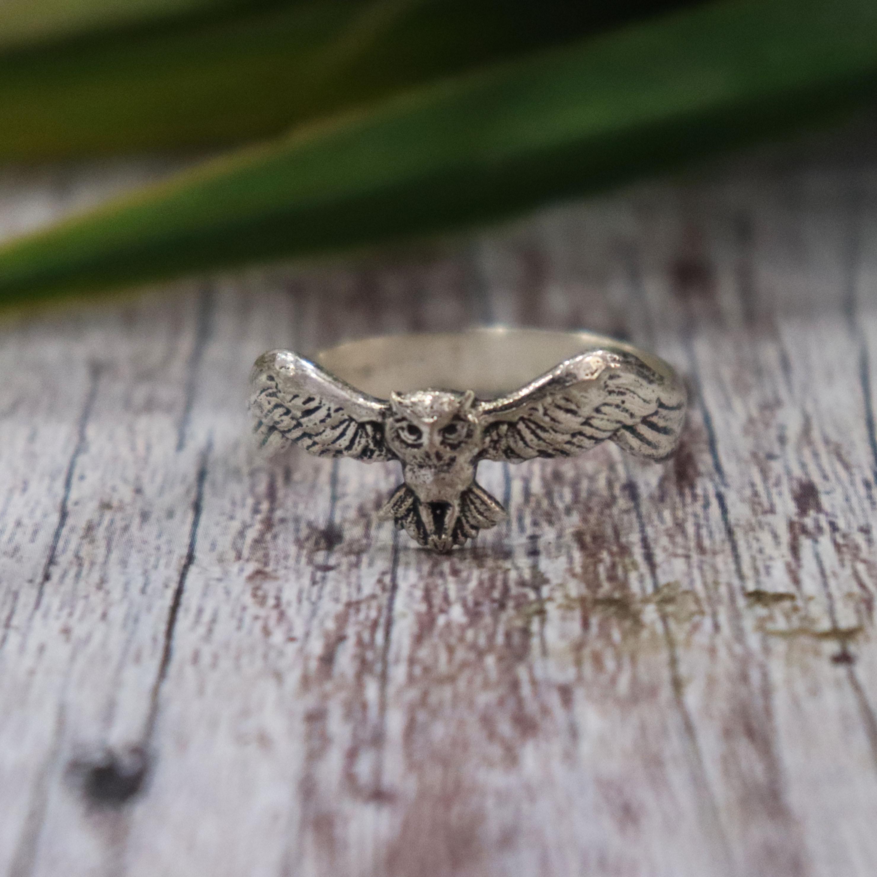Sterling Silver Flying Owl Ring, Nature Inspired Bird Jewelry, Oxidized Detail