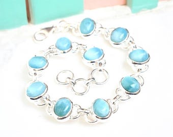 Blue Larimar 925 Silver Chain Bracelet, Unisex Boho Jewelry