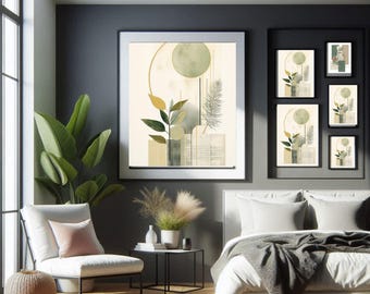 Boho Sage Green Wall Art, Abstract Botanical Minimalist (Printable Download)