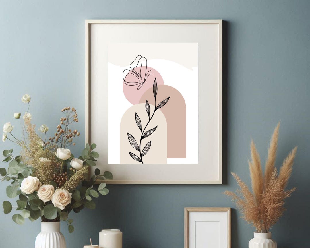 Boho Abstract Line Art Print Butterfly Leaf Minimalist Botanical Pink ...