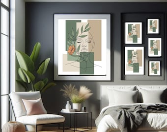 Boho Woman Line Art Print - Sage Green Floral Minimalist Face