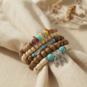 Wooden bracelet set Boho – natural beads in brown, green, and cream – tribal-inspired, elastic, earthy, unisex, stylish + handmade Solis