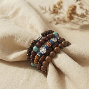 Wooden bracelet set Boho – natural beads in brown, green, and cream – tribal-inspired, elastic, earthy, unisex, stylish + handmade Mura