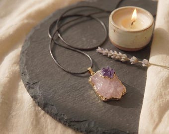 Raw Rose Quartz Amethyst Necklace Gold, Large Crystal Talisman Pendant, Boho Jewelry