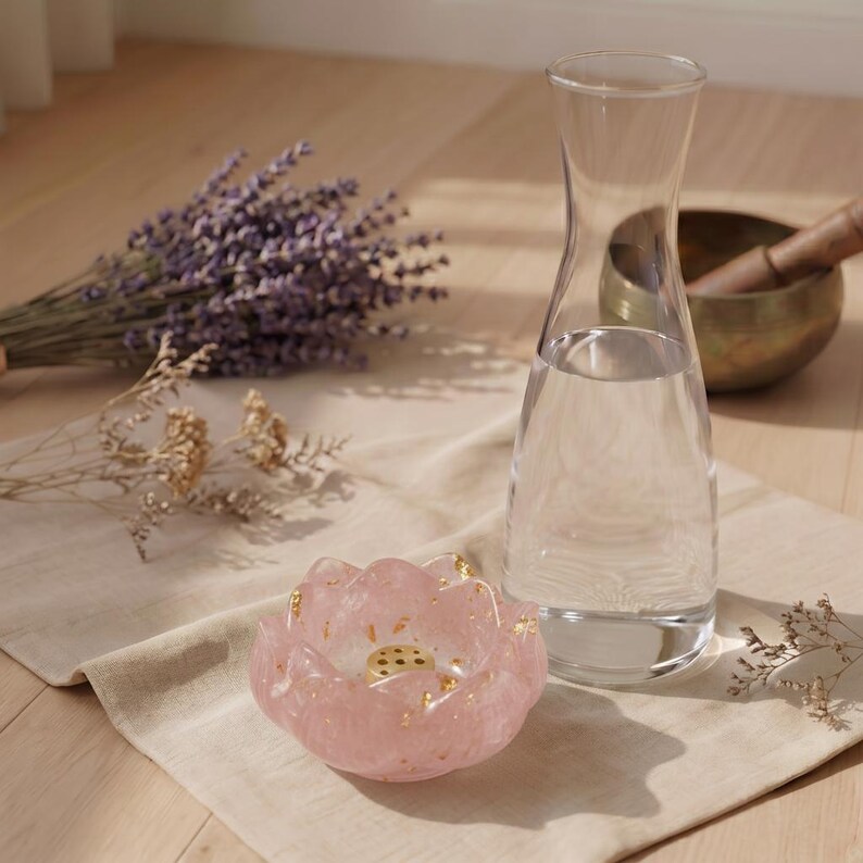 Rose Quartz Lotus Bowl Incense Holder - Crystal Decor for Meditation & Yoga image 2
