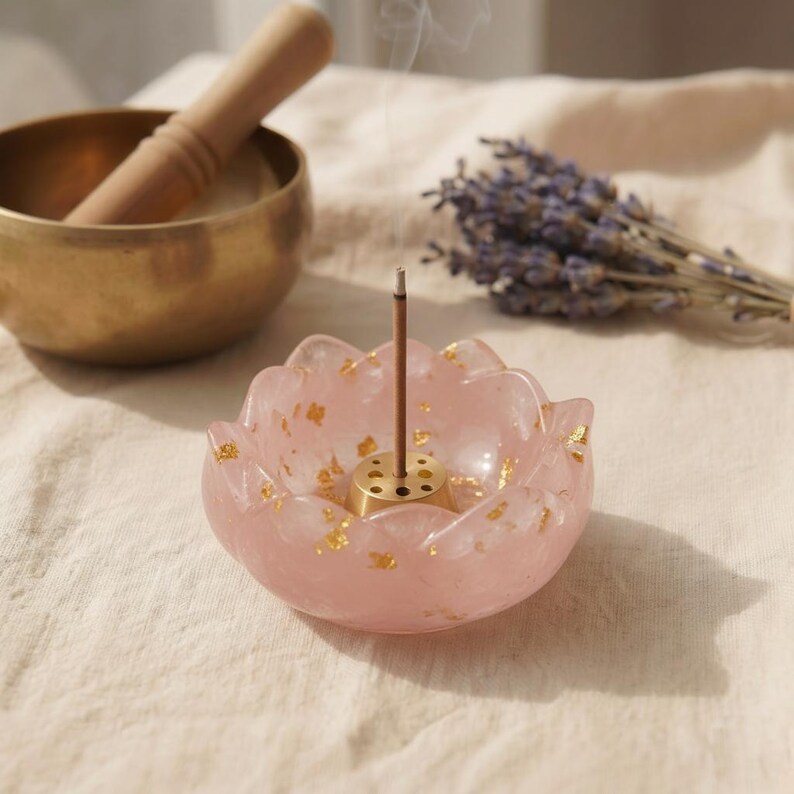 Rose Quartz Lotus Bowl Incense Holder - Crystal Decor for Meditation & Yoga image 3