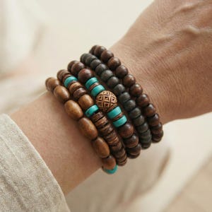 Wooden bracelet set Boho – natural beads in brown, green, and cream – tribal-inspired, elastic, earthy, unisex, stylish + handmade image 7