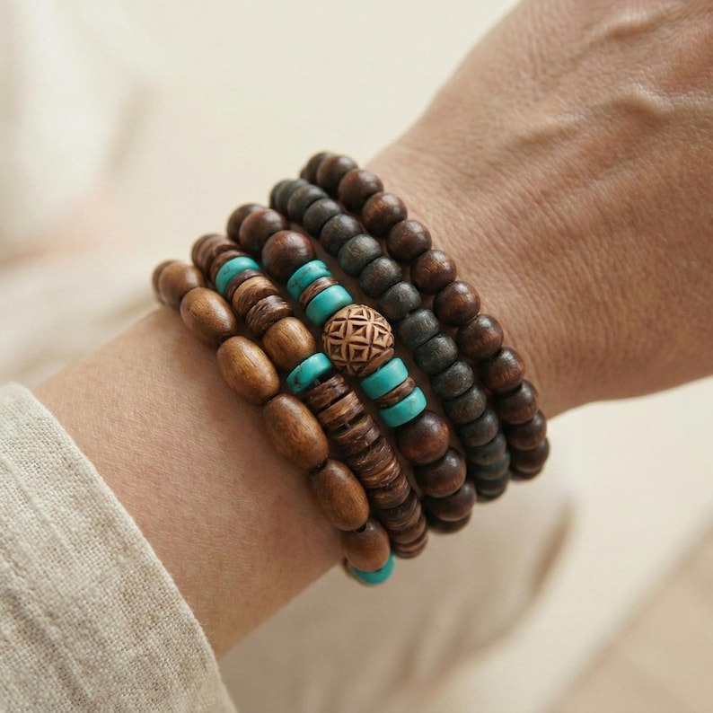 Wooden bracelet set Boho – natural beads in brown, green, and cream – tribal-inspired, elastic, earthy, unisex, stylish + handmade image 7