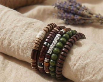 Wooden bracelet set Boho – natural beads in brown, green, and cream – tribal-inspired, elastic, earthy, unisex, stylish + handmade
